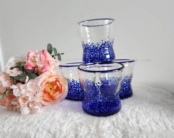 Vintage Art Glass Cobalt Blue Granite Lowball Glasses/ Gin Glasses/ Margarita/ Confetti Style Old Fashioned Glasses/ Block Crystal Glasses/