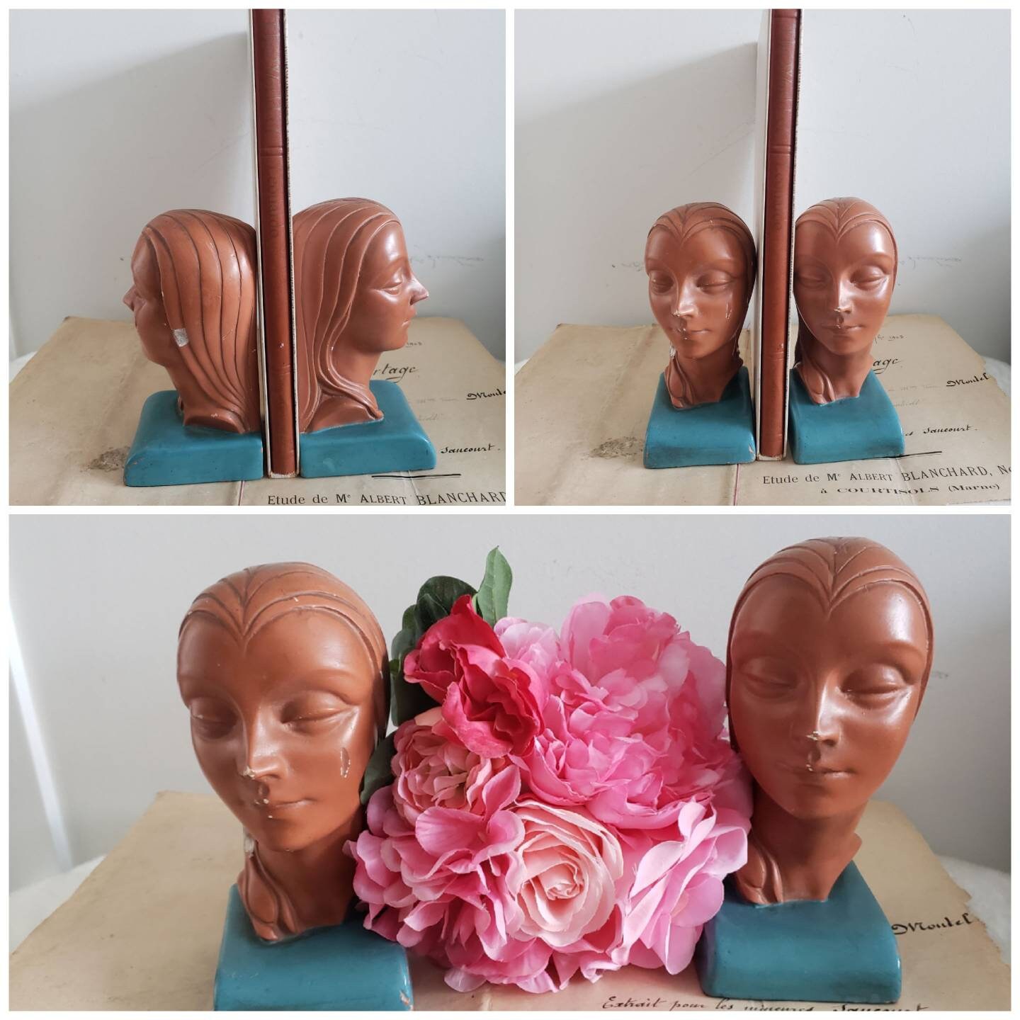 Vintage Art Deco Ladies Head Bookends Marbello/ Art Deco Chalkware