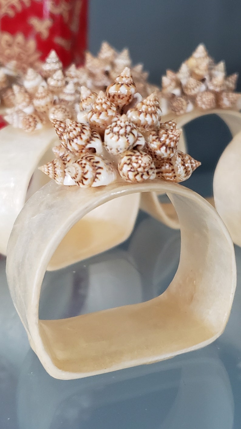 Vintage Capiz Shell Napkin Ring Holders Topped With Flower Cluster