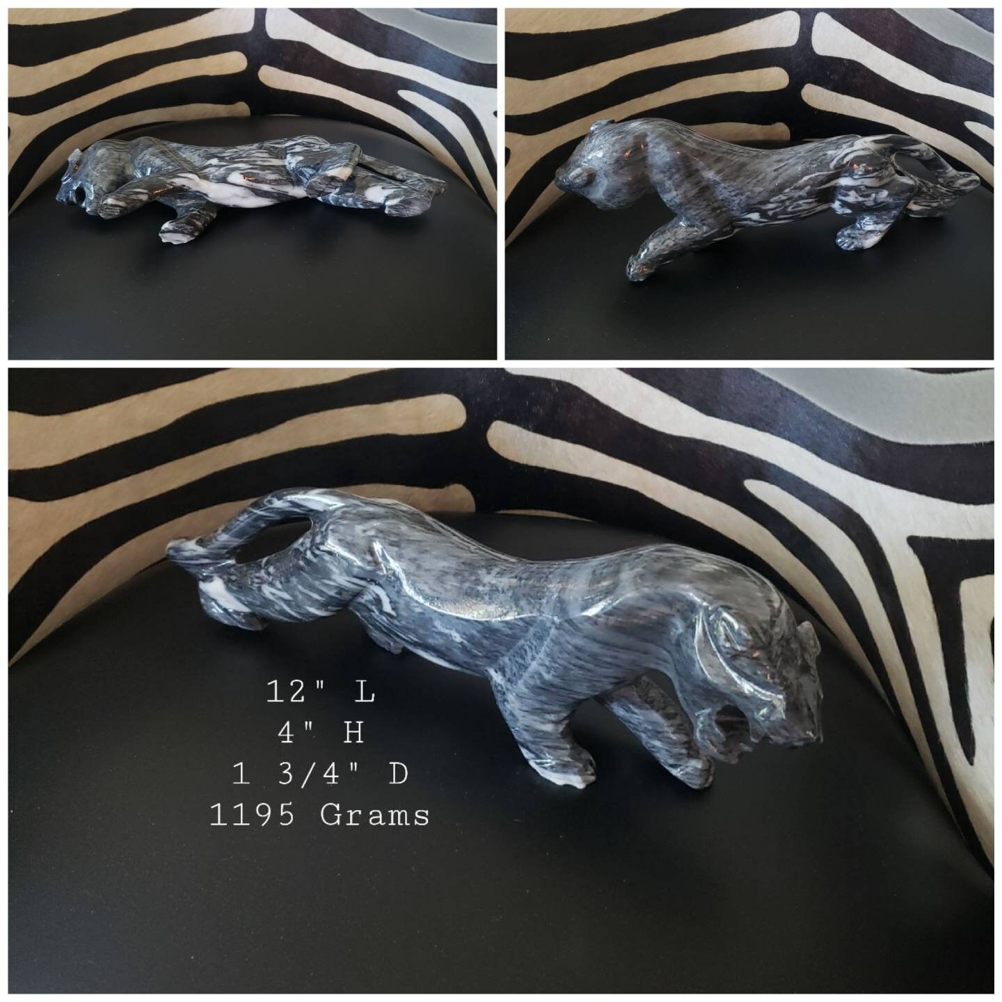 Vintage Carved Black Onyx Marble Puma Panther Jaguar Figurine/ Retro