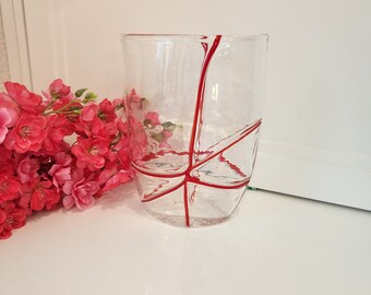 Vintage Hand-blown Clear Vase W/ Red Piping/ Pontil Mark/ Valentines Christmas Home Decor/ Reminiscent of Murano/ Glass Art/ Candy Cane Vibe