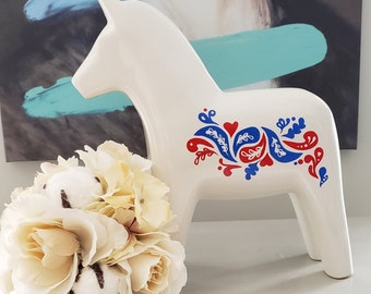 Stunning White Ceramic Dala Horse Scandinavian Red & Blue Design Scandinavian Art Decor Horse Lover/ Retro Sweden/ Christmas Decor/ Gift BFF