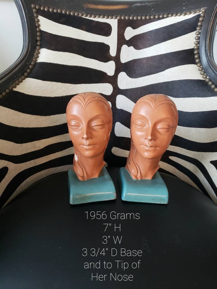 Vintage Art Deco Ladies Head Bookends Marbello/ Art Deco Chalkware