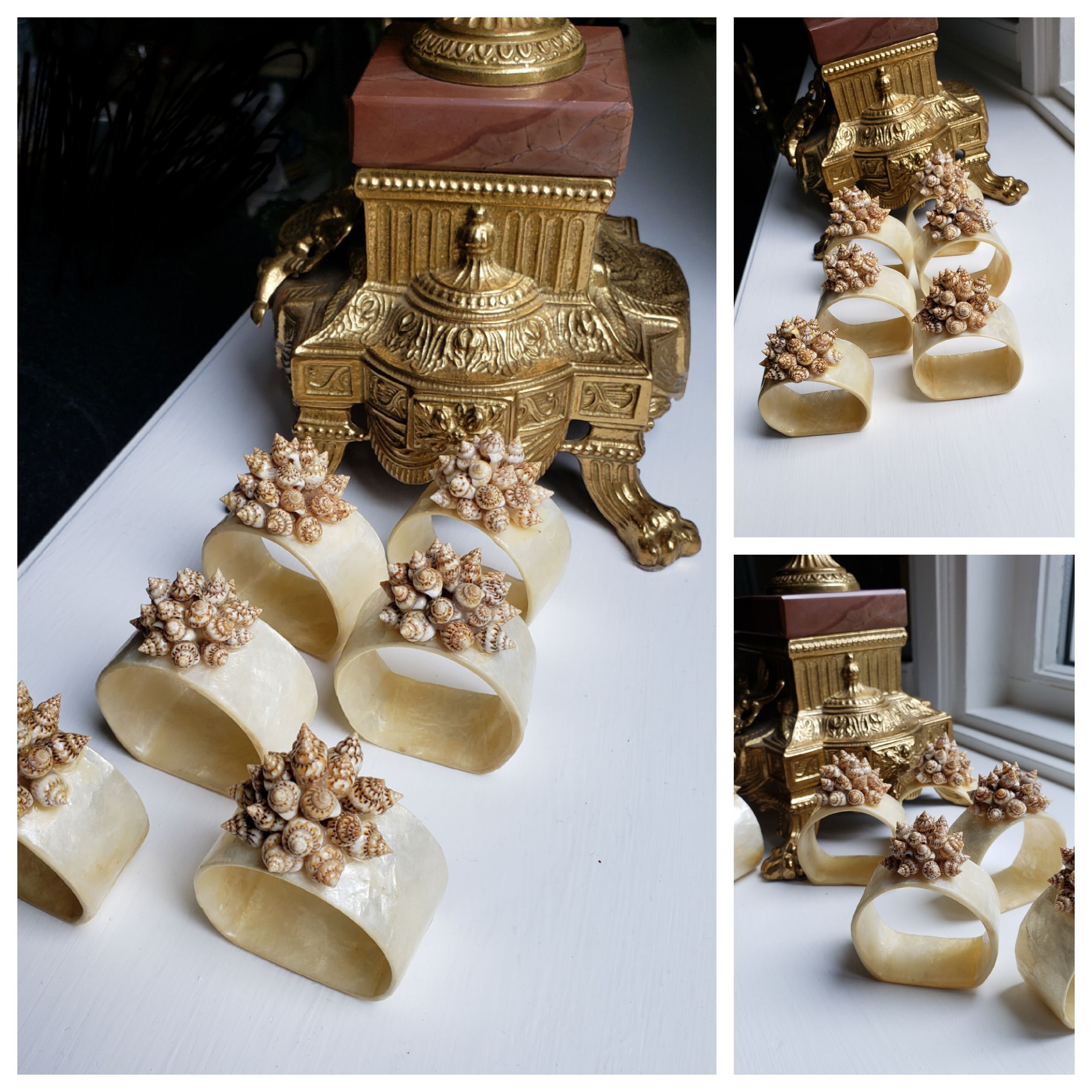 Vintage Capiz Shell Napkin Ring Holders Topped With Flower Etsy