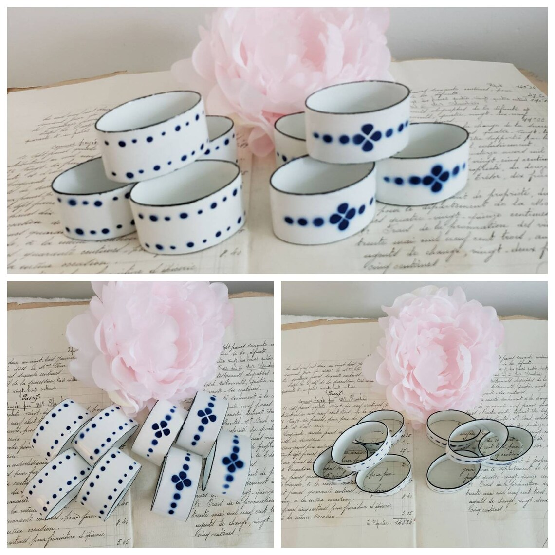 Vintage Ikea Heder Enamel White and Blue Napkin Rings/ Designer