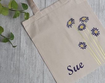 Daisy Print Tote Bag met naam - Gepersonaliseerde tas - Positiviteit - Positieve mentaliteit - Katoenen draagtas - Moederdag Cadeau