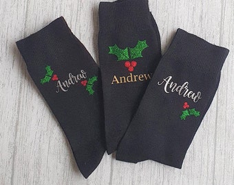 Christmas Novelty Holly Socks - Personalised Christmas Socks - Mens or Womens - Christmas Present - Stocking Filler - Custom - Secret Santa