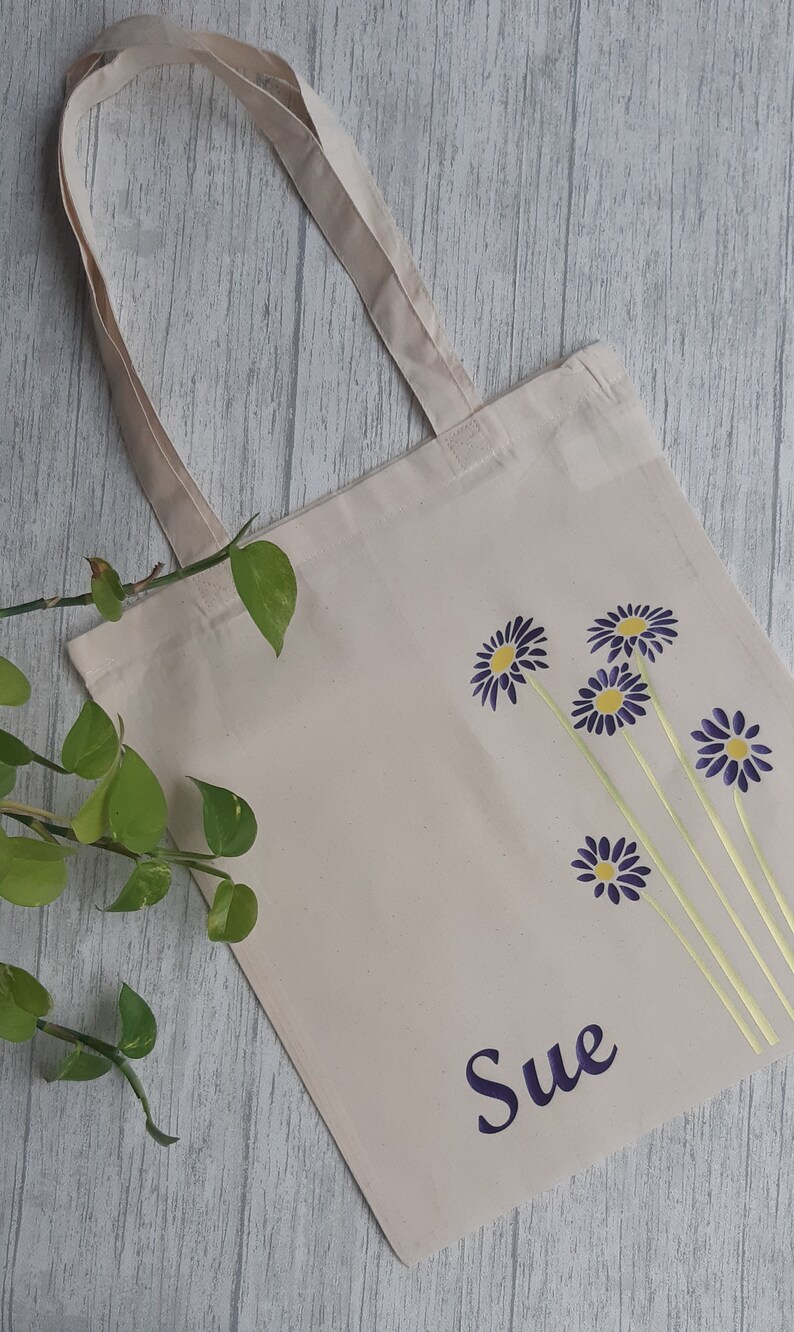 Daisy Print Tote Bag met naam Gepersonaliseerde tas Positiviteit Positieve mentaliteit Katoenen draagtas Moederdag Cadeau afbeelding 2