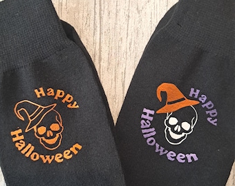 Halloween Skull Socks with Orange Witch Hat | Spooky Crew Socks | Cute Halloween Gift | Autumn Fashion Socks | Trick or Treat Accessories