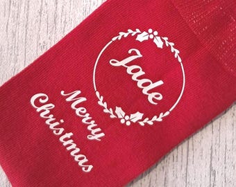 Personalised Holly Wreath Name Socks | Custom Name Christmas Socks | Personalised Gift forSecret Santa | Festive Stocking Filler