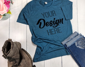 Download Free Bella Canvas 3001 Heather Deep Teal Unisex T-shirt Mockup - TShirt Mockup - Mock Up - T Shirt MockUp -Outfit Wood Background-Flat Lay Mockup PSD Template