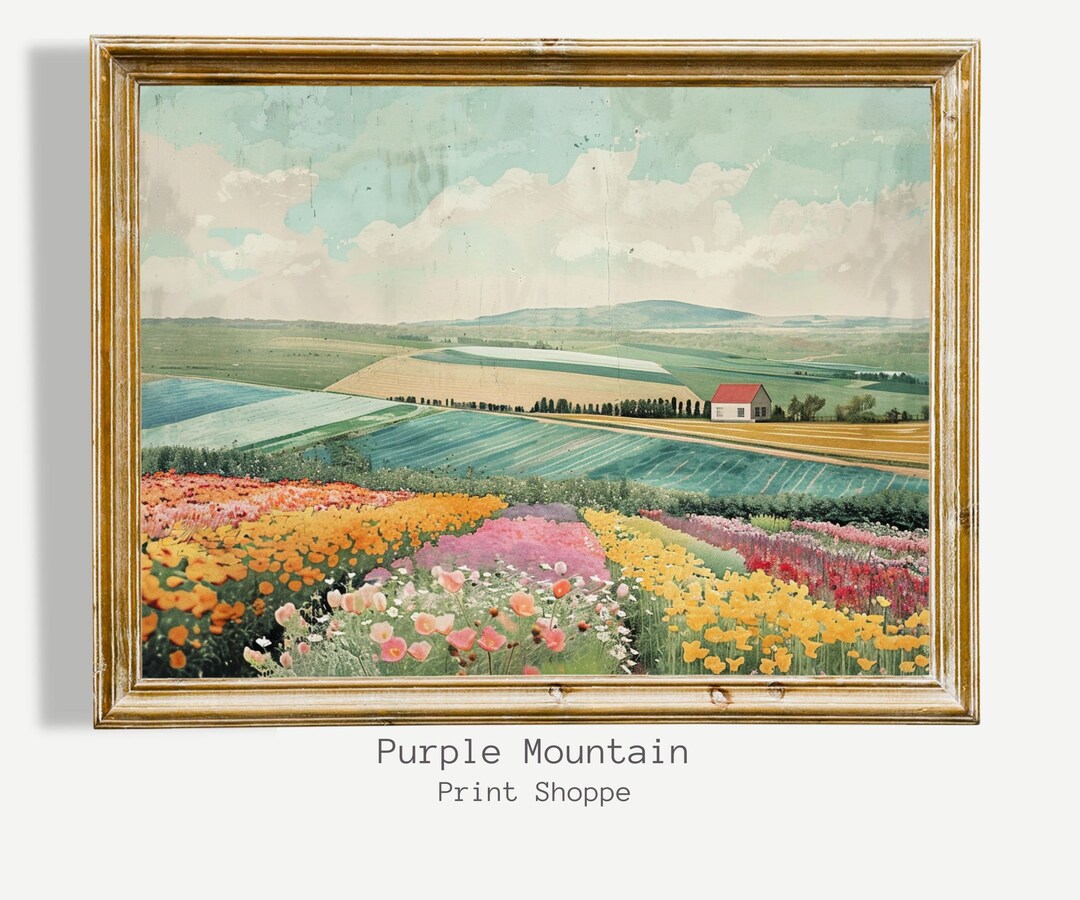 Vintage Tulip Field Art Print: Pastel Farmhouse Landscape (digital ...
