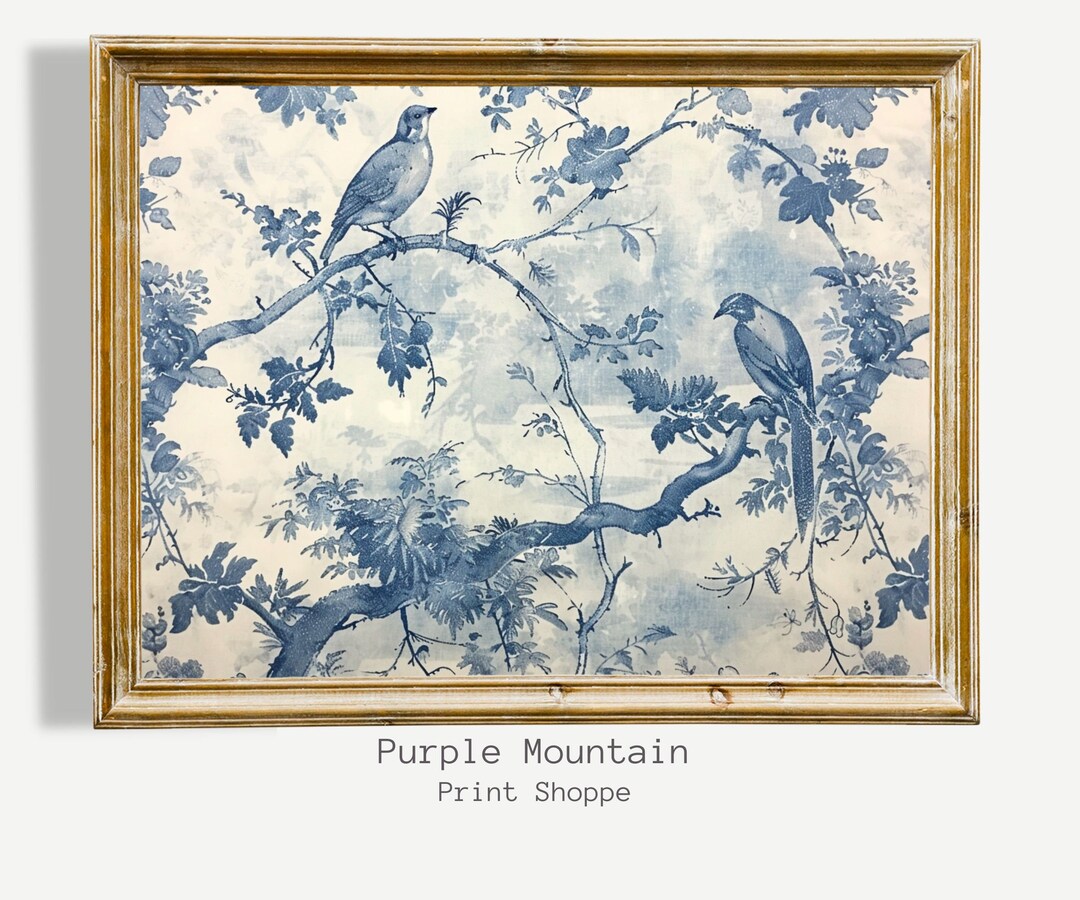 French Blue Toile Print: Vintage Botanical Bird Wall Art (digital Print ...