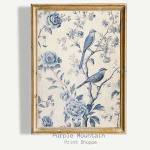 French Blue Wall Art, Drawing, Floral, French Toile, Botanical, Birds, Vintage, Wall Art, Digital Print, Prints, Wall Art, Printable Art