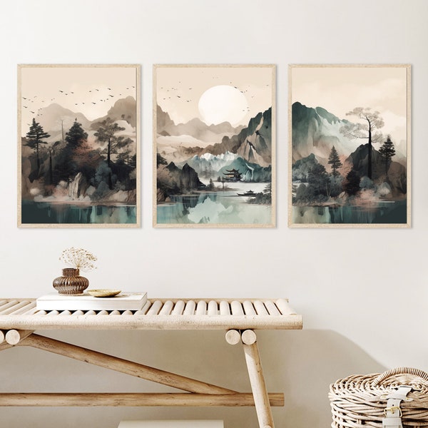 Earth Tones Moon Mountain Wall Art, Abstract Mountain Print Set, 3 Piece Wall Art, Landscape Print Set, Modern Home Decor, Boho Wall Art
