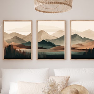 Arte da parete di montagna nei toni della terra, set di stampe astratte di montagna, arte da parete in 3 pezzi, set di stampe paesaggistiche, arredamento moderno per la casa, trittico stampabile
