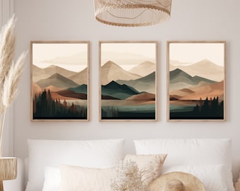 Earth Tones Mountain Wall Art, Abstract Mountain Print Set, 3 Piece Wall Art, Landscape Print Set, Modern Home Decor, Printable Triptych