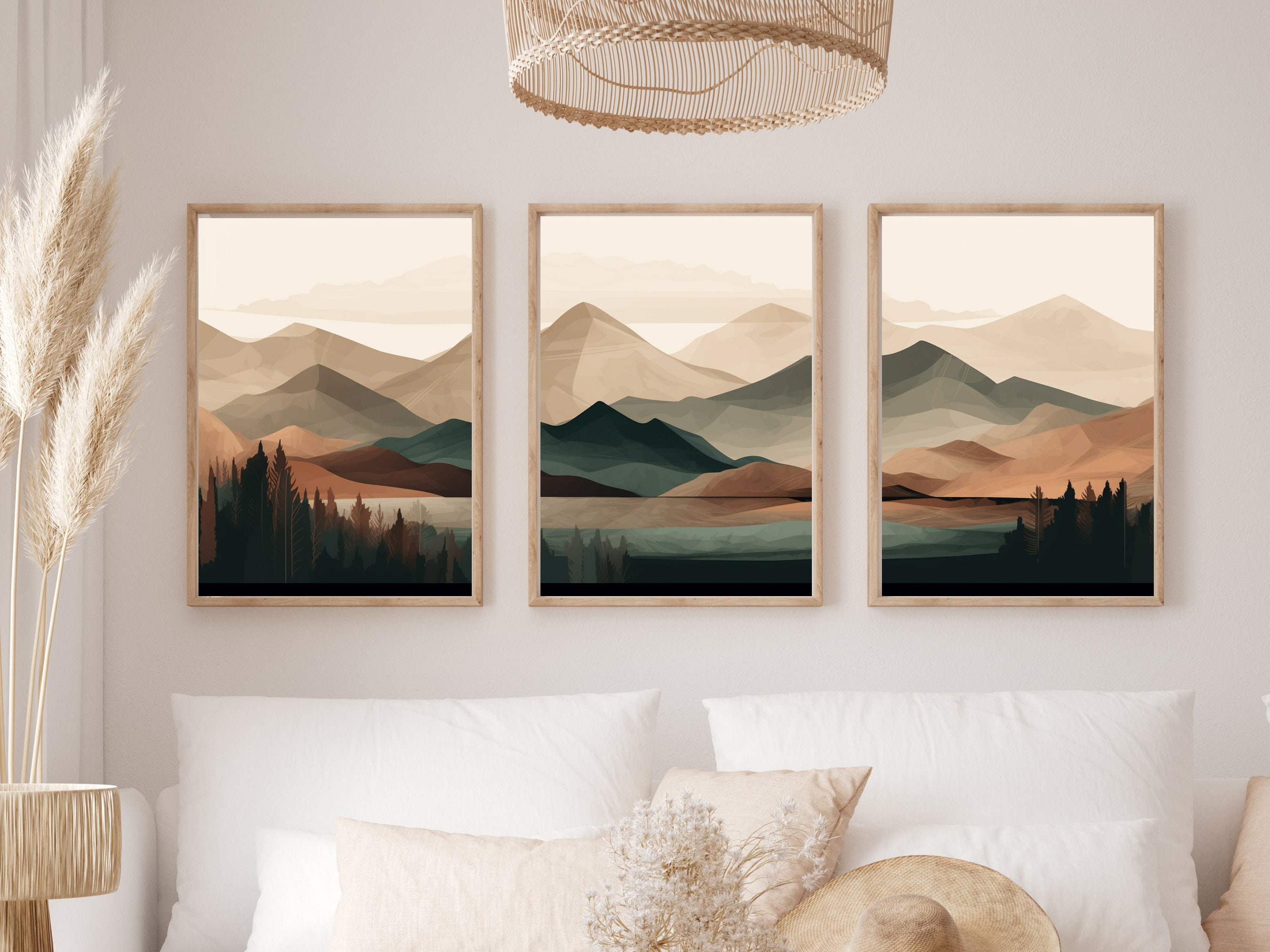 Earth Tones Mountain Wall Art, Abstract Mountain Print Set, 3 Piece Wall Art, Landscape Print Set, Modern Home Decor, Printable Triptych
