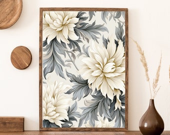 Vintage Flower Drawing Printable Wall Art, Digital Download Art, Neutral Decor Art Print, Vintage Floral Wall Art, Shades of Blue, A0117