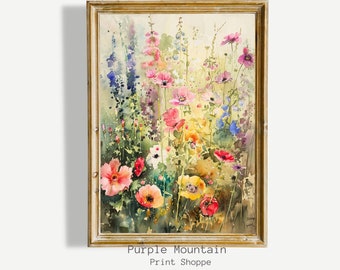Printable Wildflower Field Landscape Oil Painting, Country Landscape Art Print, Farmhouse Wall Art Digital Download, Cottagecore Art, 0040