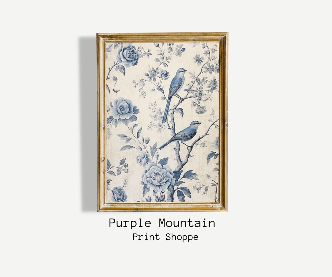 French Blue Wall Art, Drawing, Floral, French Toile, Botanical, Birds