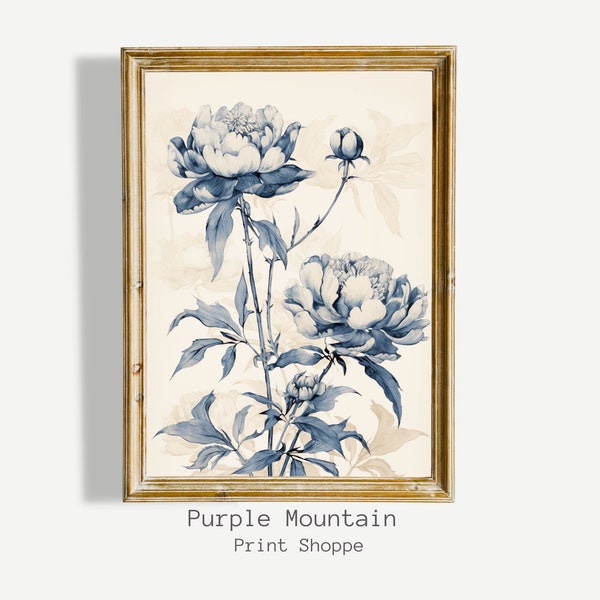 Vintage Peony Drawing, Botanical Sketch Art, Farmhouse Kitchen Decor, PRINTABLE Digital Download, Vintage Botanical Art, Blue Floral Art 406