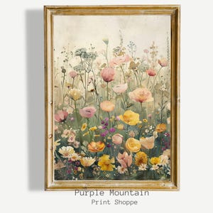 Spring Wildflowers Oil Painting Digital Download, Neutral Spring Decor Vintage Spring Print Farmhouse Decor Field Art White Wildflowers 0048