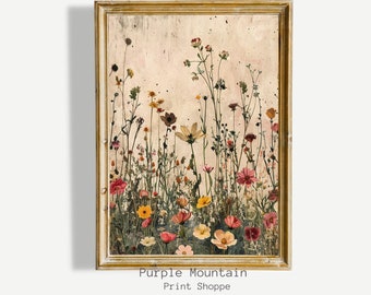 Printable Wildflower Field Landscape Oil Painting, Country Landscape Art Print, Farmhouse Wall Art Digital Download, Botanical Art, 0037