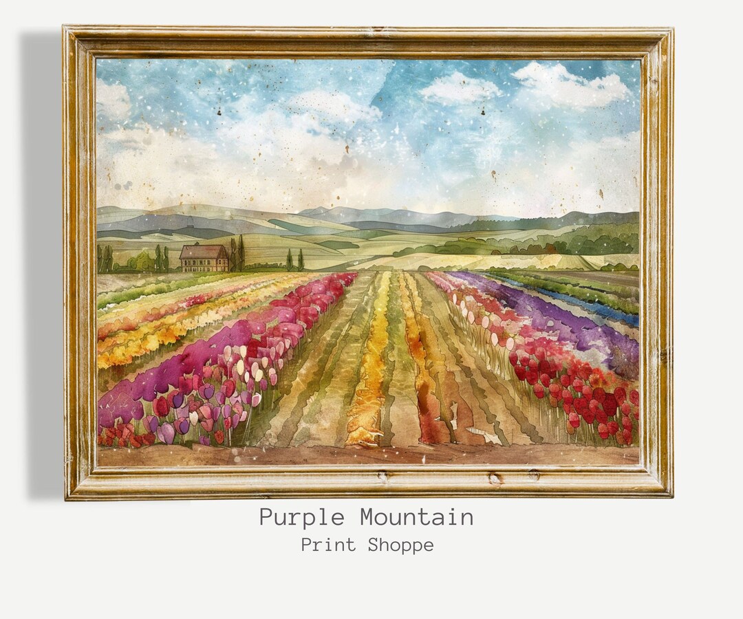 Tulip Field Landscape Painting, Printable Floral Meadow Art (digital ...