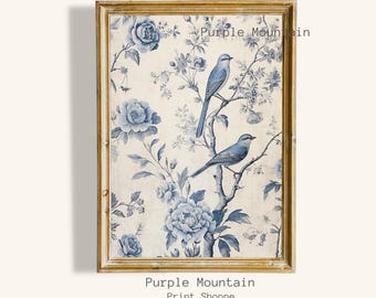 Vintage Toile Print | French Blue Botanical Birds Farmhouse Wall Art (Digital Download) 0150