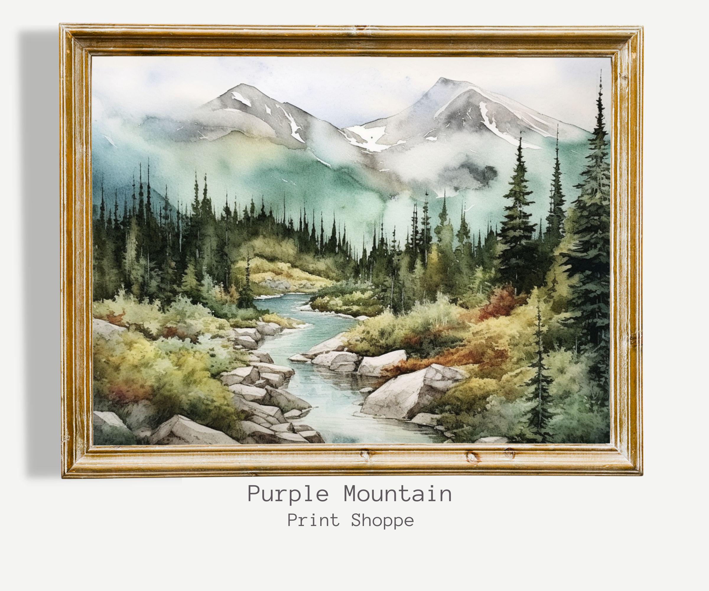 Vintage Japanese Mountain Landscape Painting, River, Cherry