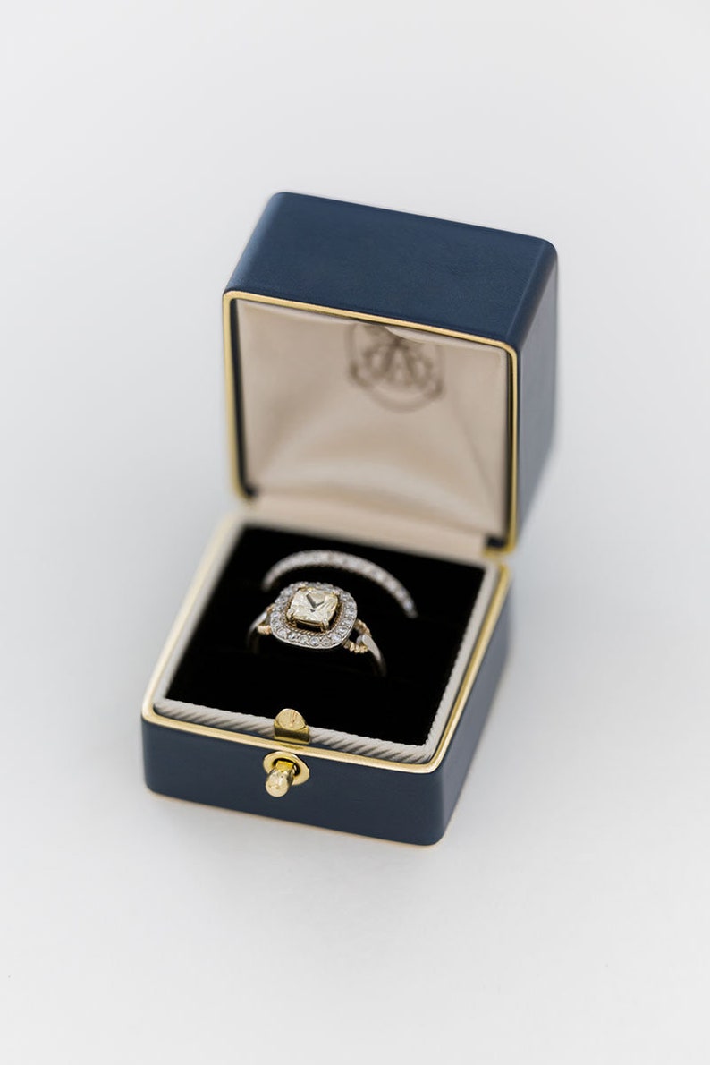 Lock Handmade Antique Engagement Wedding Single Slot Ring Box Velvet and Genuine Leather Monogrammed Velvet Vintage Style 19 COLORS