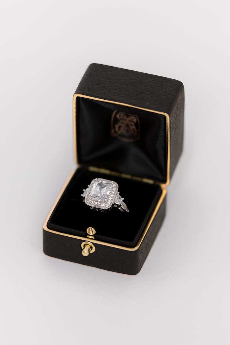 Lock Handmade Antique Engagement Wedding Single Slot Ring Box Velvet and Genuine Leather Monogrammed Velvet Vintage Style 19 COLORS