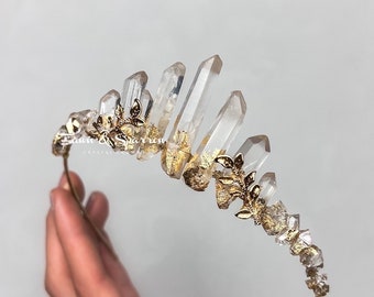 Ethereal Quartz and Herkimer Diamond Crystal Crown,Natural Crystal Crown,Bridal Crown,Gold Wedding Crown,Wedding Tiara,Gemstone Headpiece