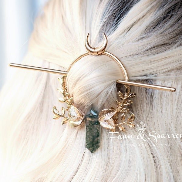 Gold Moss Agate Crystal Hair Stick, Crystal Hair Pin with Circle