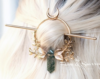 Gold Moss Agate Crystal Hair Stick, Crystal Hair Pin with Circle