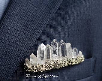 Clear Quartz and Pyrite Crystal Pocket Boutonniere, Crystal Wedding Accessories, Grooms Lapel , Pocket Square