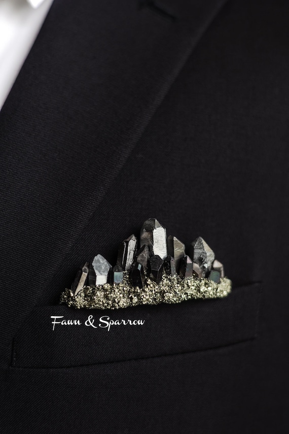Silver Quartz Pyrite Pocket Boutonniere, Brown Crystal Wedding Accessories, Grooms Lapel Wedding Boutonnieres, Mens Crystal Brooch