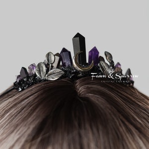 Amethyst Obsidian Moon Crown,Gothic Tiara,Crystal Headpiece,Witchy Bride,High Priestess,Healing Crystals Crown,Goth, Purple Crown image 2