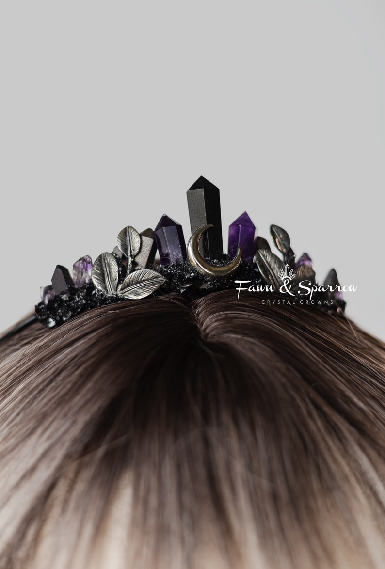 Amethyst Obsidian Moon Crown,Gothic Tiara,Crystal Headpiece,Witchy Bride,High Priestess,Healing Crystals Crown,Goth, Purple Crown image 2