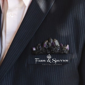 Crystal Pocket Boutonniere with Amethyst and Black Quartz, Crystal Wedding Accessories, Grooms Lapel Customizable Wedding Boutonnieres