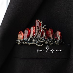 Red Crystal Pocket Boutonniere with Black Tourmaline, Gothic, Crystal Wedding Accessories, Grooms Lapel Customizable Wedding Boutonnieres
