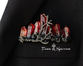 Red Crystal Pocket Boutonniere with Black Tourmaline, Gothic, Crystal Wedding Accessories, Grooms Lapel Customizable Wedding Boutonnieres