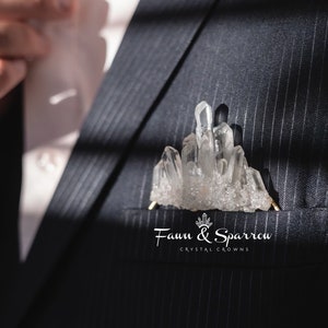 Boutonnière de poche en cristal avec grappe de quartz transparent, accessoires de mariage en cristal, revers du marié, boutonnières de mariage personnalisables image 2