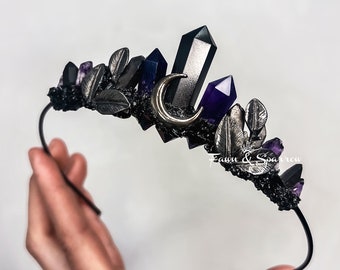 Dark Fairy Amethyst Obsidian Moon Crown,Gothic Tiara,Crystal Headpiece,Witchy Bride,High Priestess,Healing Crystals Crown,Goth, Purple Crown