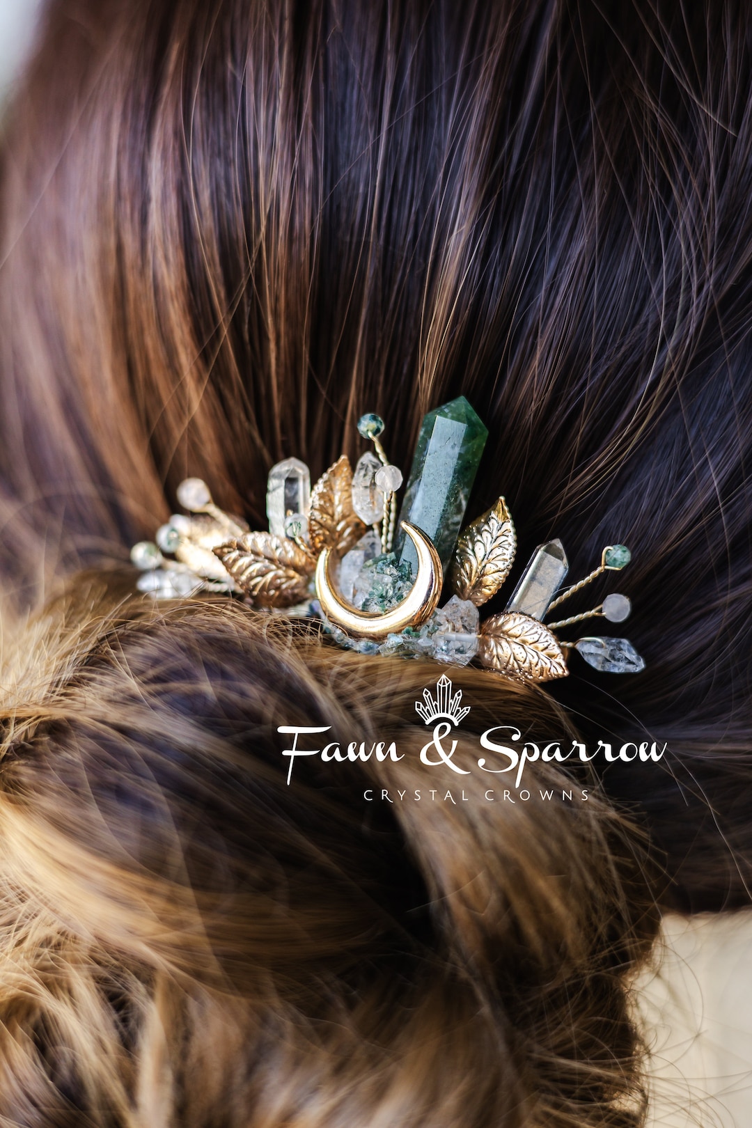 Ethereal Moss Agate Crystal Hair Comb, Bridesmaid Gift, Boho Hair