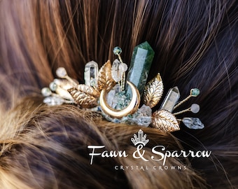 Peine de pelo de cristal de ágata de musgo etéreo, regalo de dama de honor, alfiler de pelo boho, garra de pelo, boda en el océano, joyería trenzada, playa, accesorio para el cabello de sirena