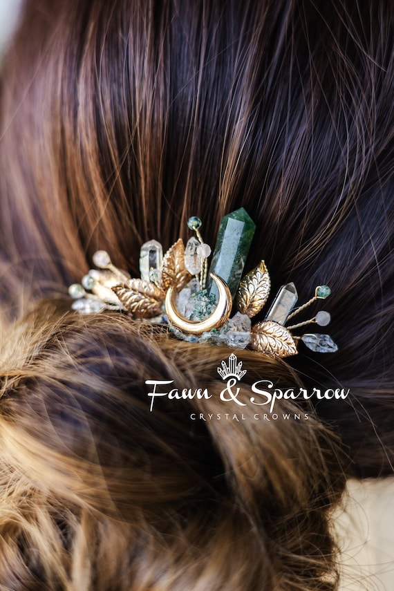 Ethereal Moss Agate Crystal Hair Comb, Bridesmaid Gift, Boho  display picture 2