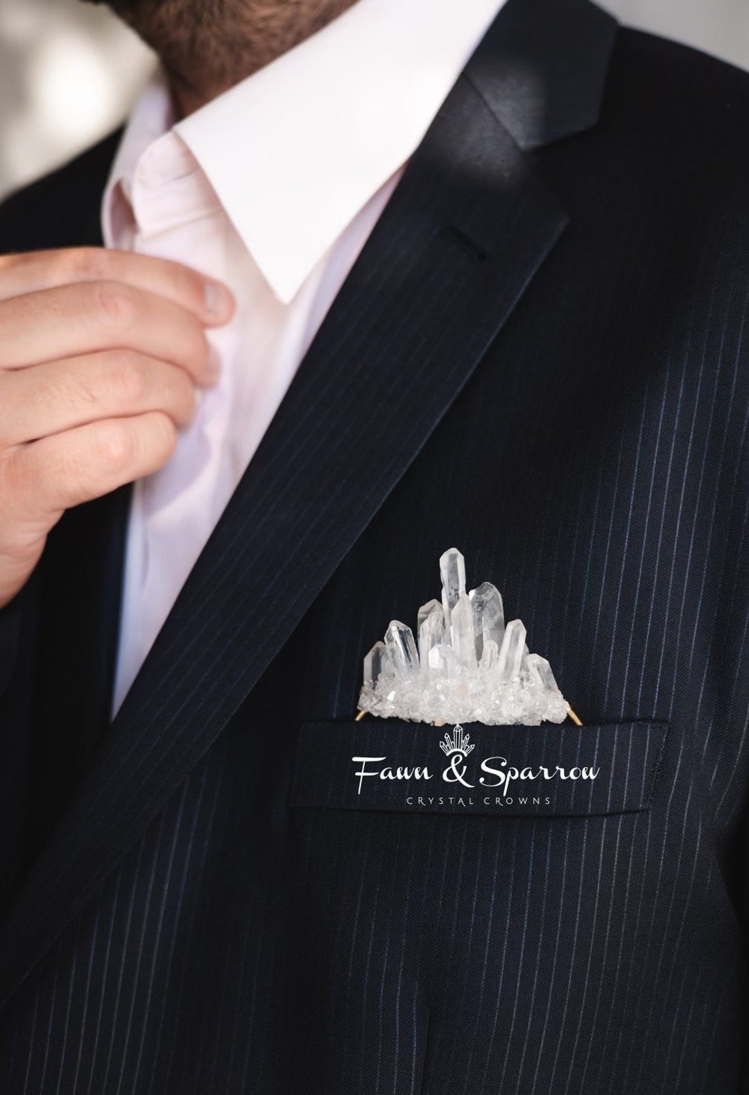 Crystal Pocket Boutonniere With Clear Quartz Cluster, Crystal Wedding