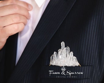 Rare Crystal Pocket Boutonniere with Clear Quartz Cluster, Wedding Accessories, Grooms Lapel, Wedding Pocket Insert,Groom Brooch,Mens Brooch